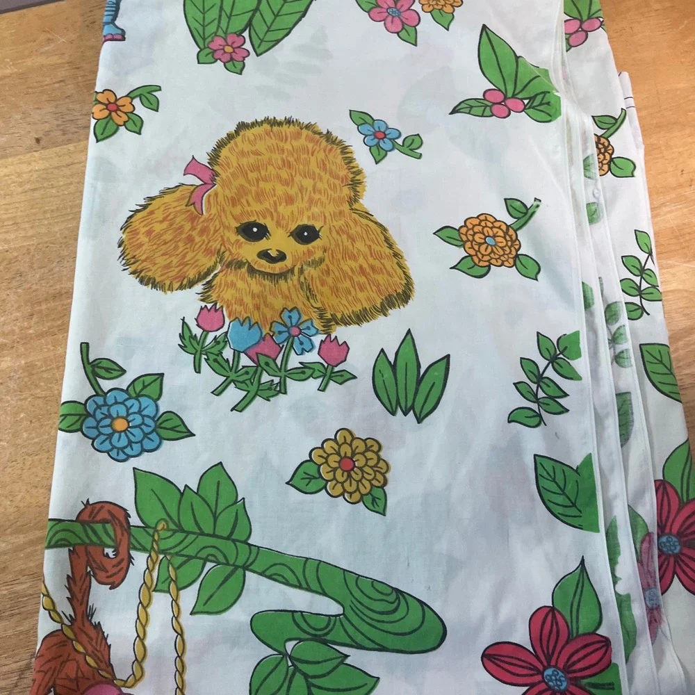 Cannon Monticello Flat Twin Sheet Vtg White Animal Jungle Floral Print Rips